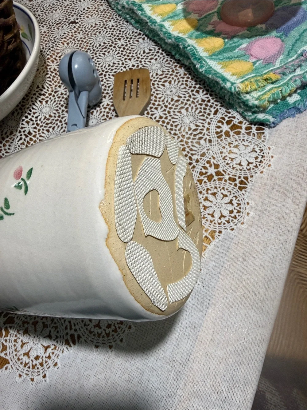 Vintage stoneware crock Utensil Holder cottagecore  Floral pink sponge-ware